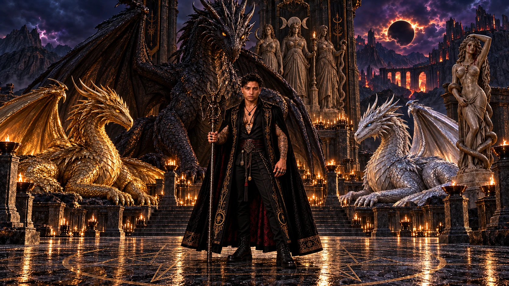 Bruxo Òṣó Àjẹ́, Grael e duas dragonas livres, com Hécate e Naamah em pedra